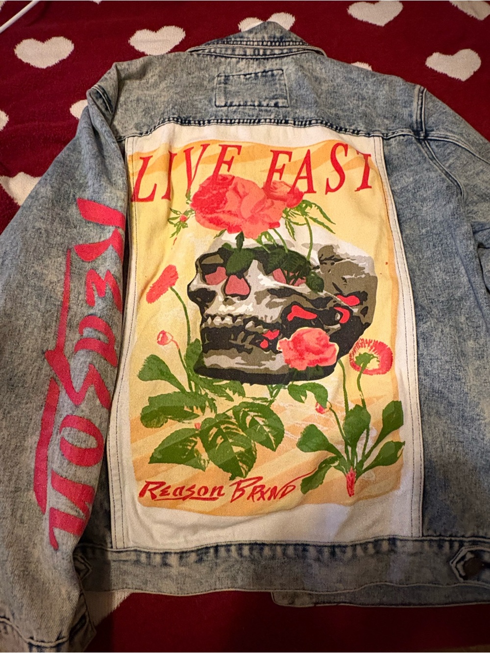 Reason Denim Jacket - Light Blue with Pink and Green Graphic